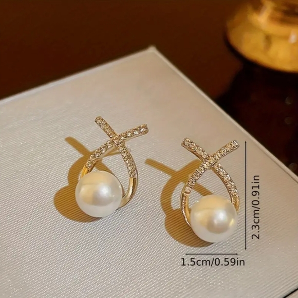 Gold Rhinestone Pearl Earrings - Picture 3 of 7